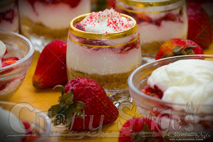 No bake Cheesecake shots with red sugar crystals