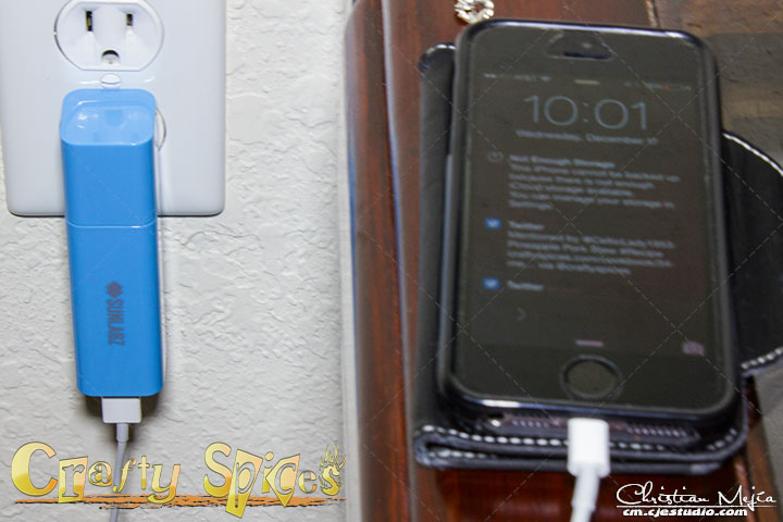 SUNLABZ 2-in-1 Power Bank connected to iPhone 5S and wall outlet SUNLABZ 2-in-1 Power Bank connected to iPhone 5S and wall outlet