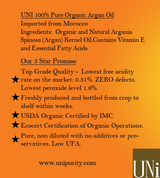 UNi 100% Organic Pure Moroccan Argan Oil Specs