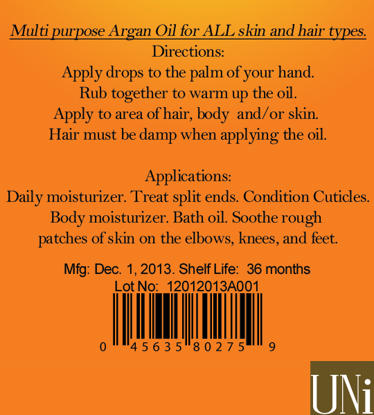 UNi 100% Organic Pure Moroccan Argan Oil Details