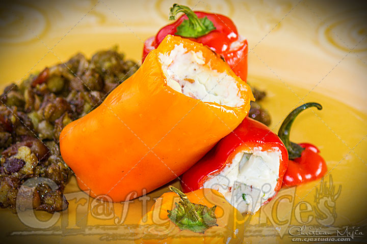 Stuffed Mini Sweet Peppers filled with cream cheese, spices and bacon. 