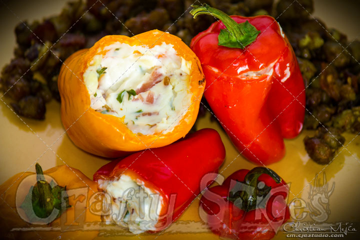 Stuffed Mini Sweet Peppers filled with cream cheese, spices and bacon. 