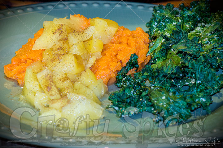Sweet potato topped with Apple - pineapple chutney, and Kale Chips