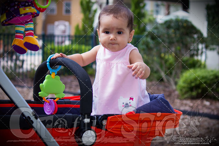 Kaylee standing in her stroller