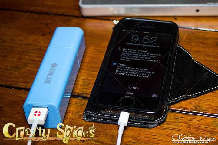 SUNLABZ Universal 2-in-1 USB Wall Charger and Portable 3000 mAh Power Bank connected to iPhone 5S